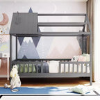 Lit cabane en bois massif de taille double avec toit et clôture, lit plateforme pour chambre d'enfant