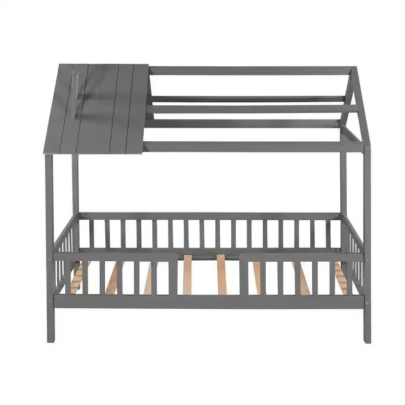 Twin Size Solid Wood House Bed Frame with Roof and Fence, Platform Bed for Kids Room