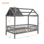 Lit cabane en bois massif de taille double avec toit et clôture, lit plateforme pour chambre d'enfant