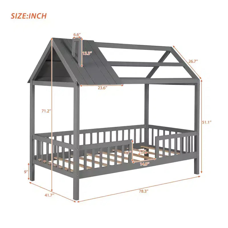 Twin Size Solid Wood House Bed Frame with Roof and Fence, Platform Bed for Kids Room