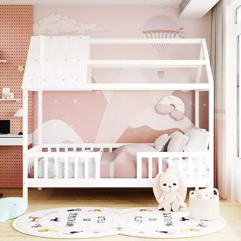 Twin Size Solid Wood House Bed Frame with Roof and Fence, Platform Bed for Kids Room