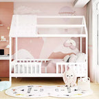 Lit cabane en bois massif de taille double avec toit et clôture, lit plateforme pour chambre d'enfant