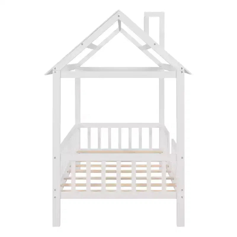 Twin Size Solid Wood House Bed Frame with Roof and Fence, Platform Bed for Kids Room