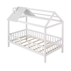 Lit cabane en bois massif de taille double avec toit et clôture, lit plateforme pour chambre d'enfant