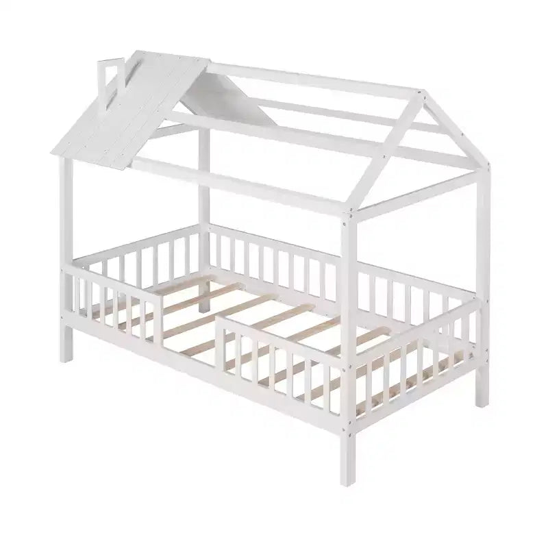 Twin Size Solid Wood House Bed Frame with Roof and Fence, Platform Bed for Kids Room