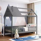 Okak Twin Size Solid Wood House Bed Frame with Proof & Fence,Cute Platform Bed for Kids Room,Bedroom