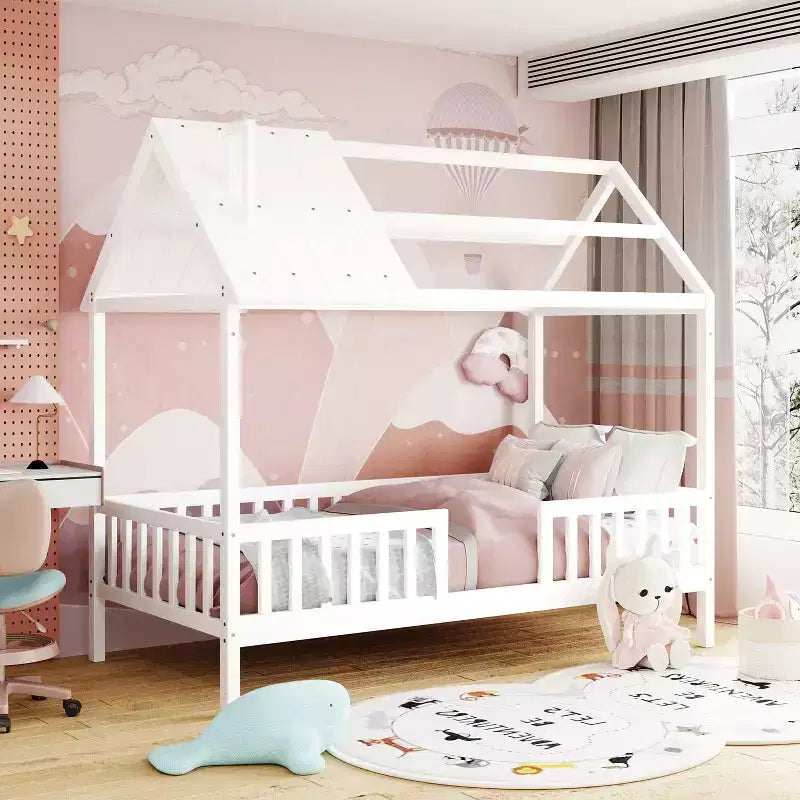 Twin Size Solid Wood House Bed Frame with Roof and Fence, Platform Bed for Kids Room