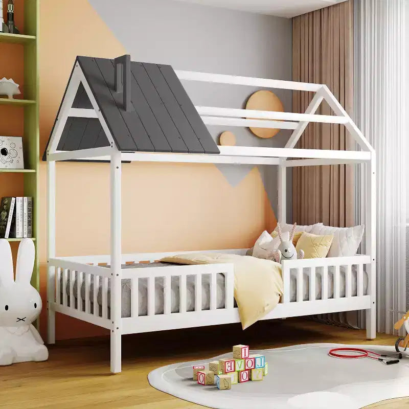 Twin Size Solid Wood House Bed Frame with Roof and Fence, Platform Bed for Kids Room