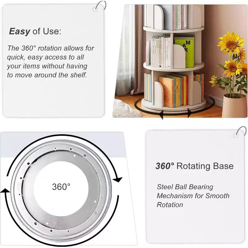 360 Rotating Bookcase, 4-Tier Spinning Corner Book Shelf, Display Organizer for Small Space, Storage Rack for Office, Living Room, White