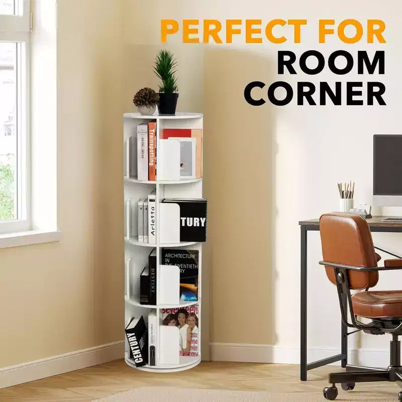 360 Rotating Bookcase, 4-Tier Spinning Corner Book Shelf, Display Organizer for Small Space, Storage Rack for Office, Living Room, White