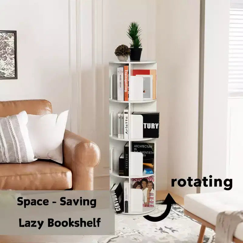 360 Rotating Bookcase, 4-Tier Spinning Corner Book Shelf, Display Organizer for Small Space, Storage Rack for Office, Living Room, White