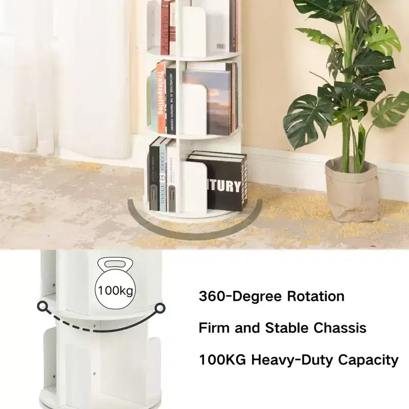 360 Rotating Bookcase, 4-Tier Spinning Corner Book Shelf, Display Organizer for Small Space, Storage Rack for Office, Living Room, White