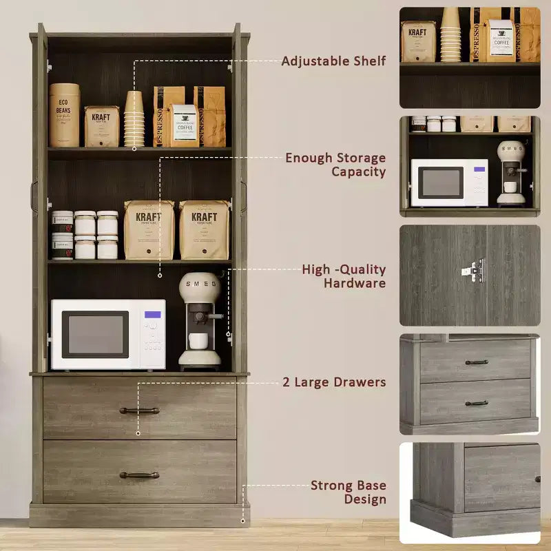 Farmhouse Pantry Cabinet with 2 Drawers, Barn Doors and Adjustable Shelves