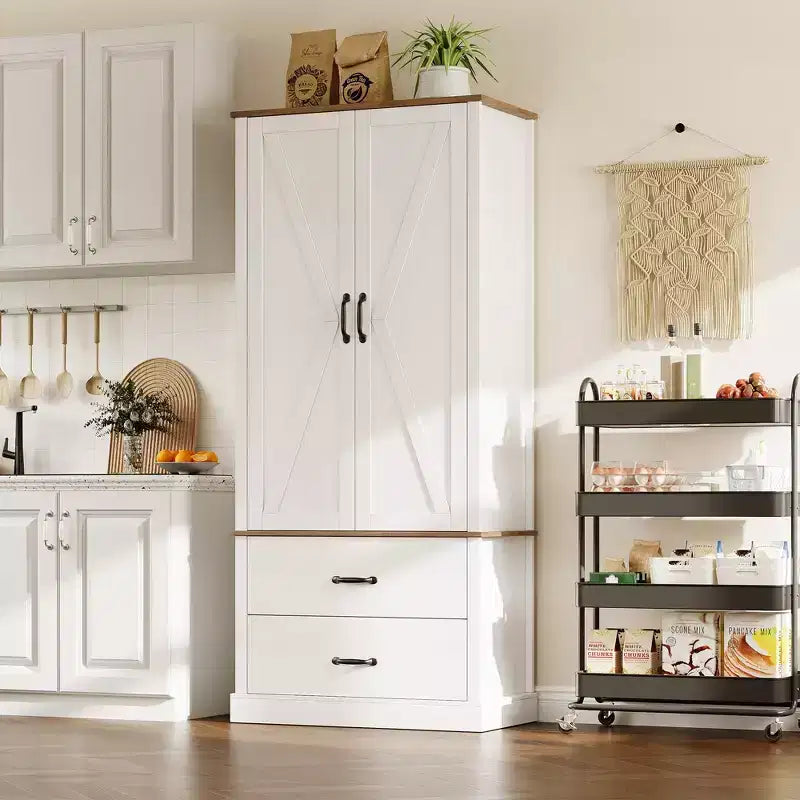Farmhouse Pantry Cabinet with 2 Drawers, Barn Doors and Adjustable Shelves