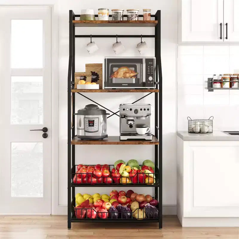 5-Tier Kitchen Baker's Rack with Storage Shelves and Hooks, Metal Frame Microwave Stand and Coffee Bar Station