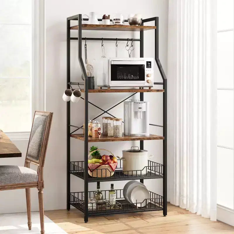 5-Tier Kitchen Baker's Rack with Storage Shelves and Hooks, Metal Frame Microwave Stand and Coffee Bar Station