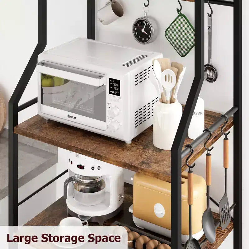 5-Tier Kitchen Baker's Rack with Storage Shelves and Hooks, Metal Frame Microwave Stand and Coffee Bar Station