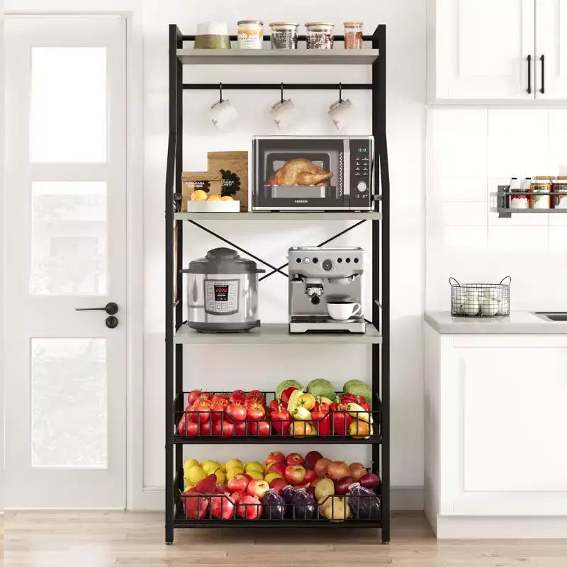 5-Tier Kitchen Baker's Rack with Storage Shelves and Hooks, Metal Frame Microwave Stand and Coffee Bar Station