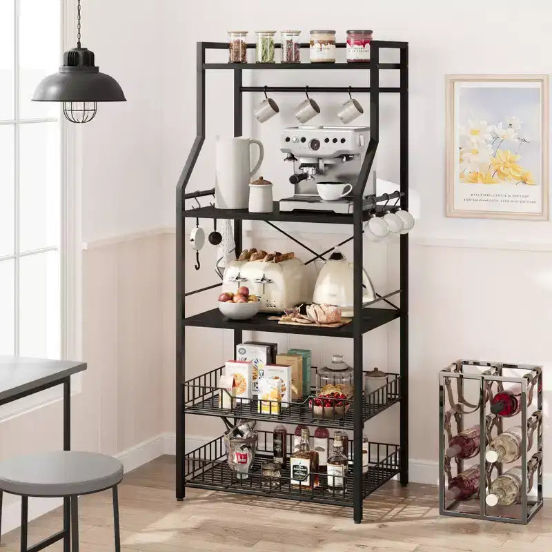 5-Tier Kitchen Baker's Rack with Storage Shelves and Hooks, Metal Frame Microwave Stand and Coffee Bar Station