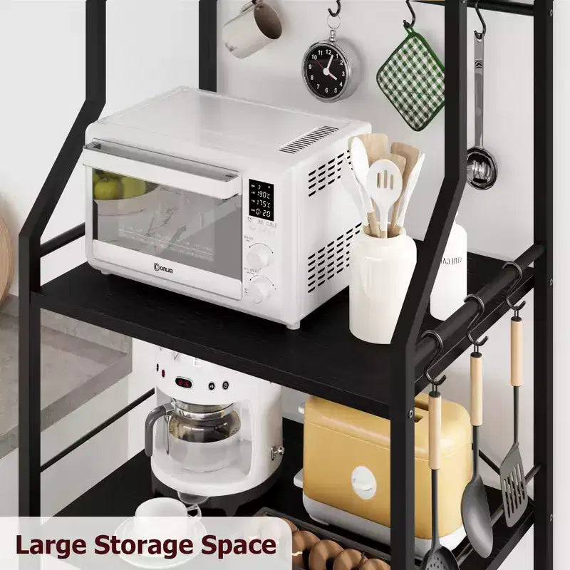 5-Tier Kitchen Baker's Rack with Storage Shelves and Hooks, Metal Frame Microwave Stand and Coffee Bar Station