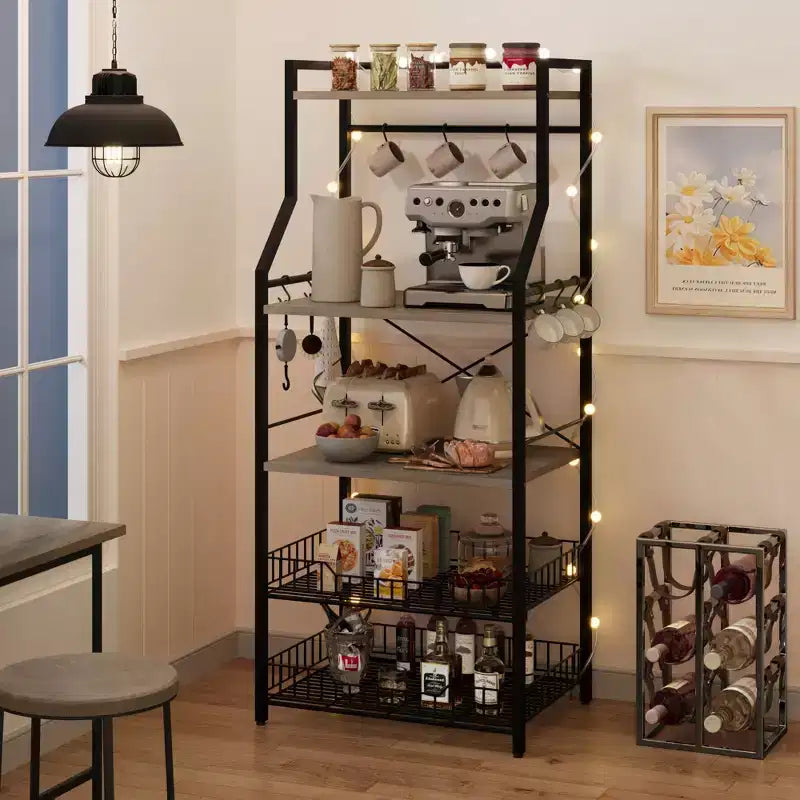 5-Tier Kitchen Baker's Rack with Storage Shelves and Hooks, Metal Frame Microwave Stand and Coffee Bar Station