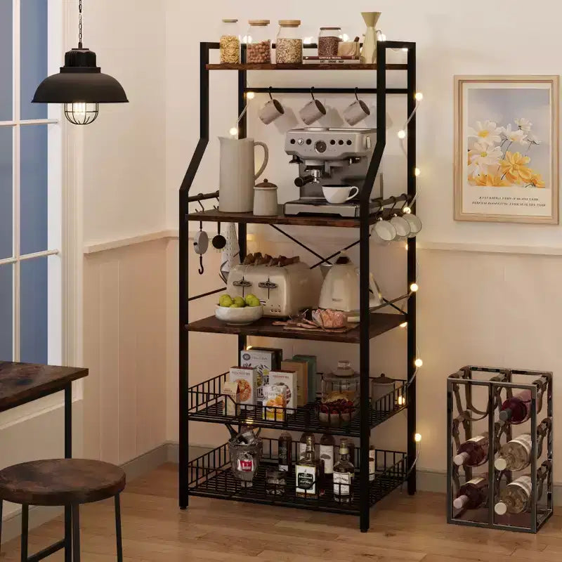 5-Tier Kitchen Baker's Rack with Storage Shelves and Hooks, Metal Frame Microwave Stand and Coffee Bar Station