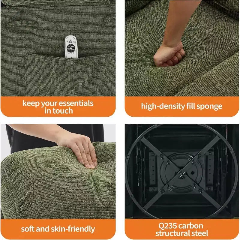 Swivel Massage Rocker Recliner with Heat and Footrest, Linen Glider Chair for Adults with Side Pocket and 2 Cup Holders