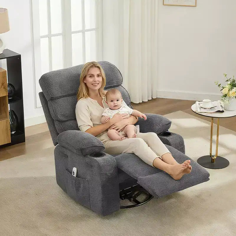 Swivel Massage Rocker Recliner with Heat and Footrest, Linen Glider Chair for Adults with Side Pocket and 2 Cup Holders