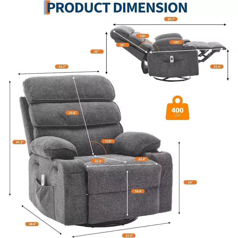 Swivel Massage Rocker Recliner with Heat and Footrest, Linen Glider Chair for Adults with Side Pocket and 2 Cup Holders