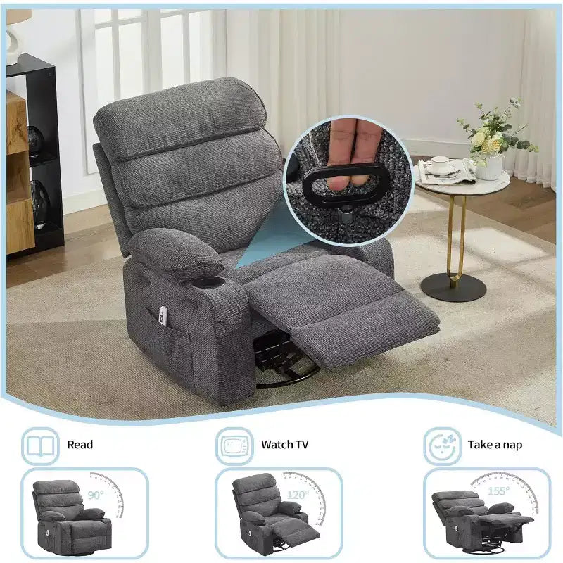 Swivel Massage Rocker Recliner with Heat and Footrest, Linen Glider Chair for Adults with Side Pocket and 2 Cup Holders