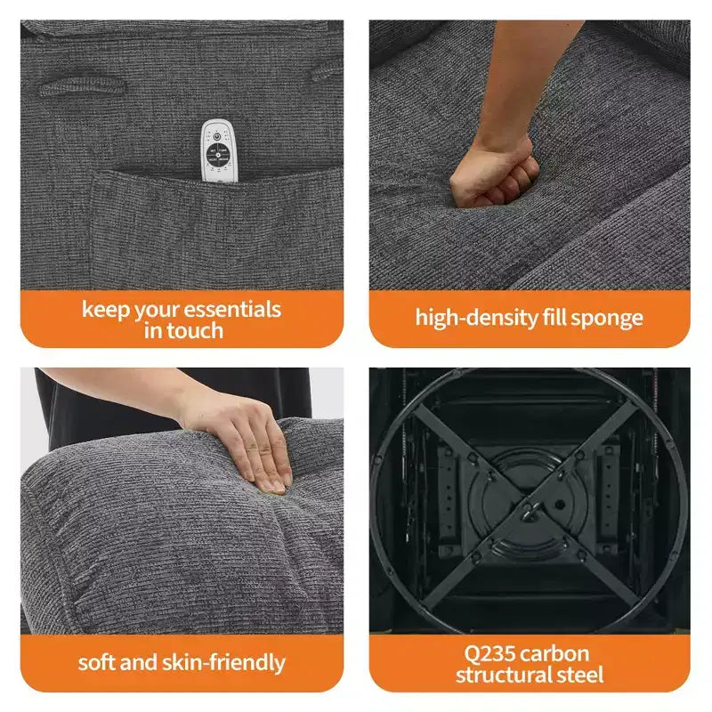 Swivel Massage Rocker Recliner with Heat and Footrest, Linen Glider Chair for Adults with Side Pocket and 2 Cup Holders