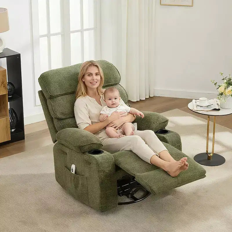 Swivel Massage Rocker Recliner with Heat and Footrest, Linen Glider Chair for Adults with Side Pocket and 2 Cup Holders