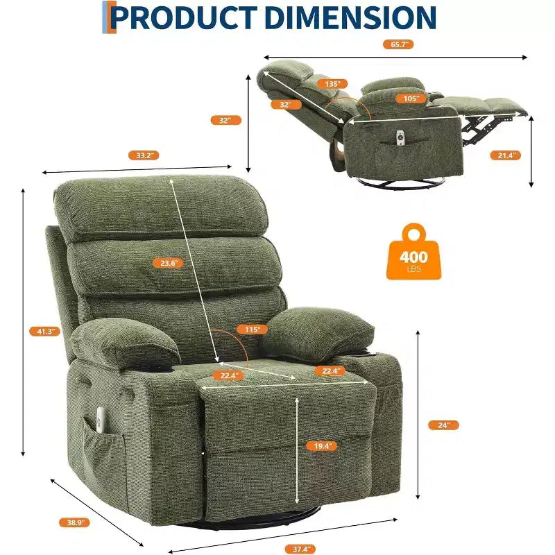 Swivel Massage Rocker Recliner with Heat and Footrest, Linen Glider Chair for Adults with Side Pocket and 2 Cup Holders