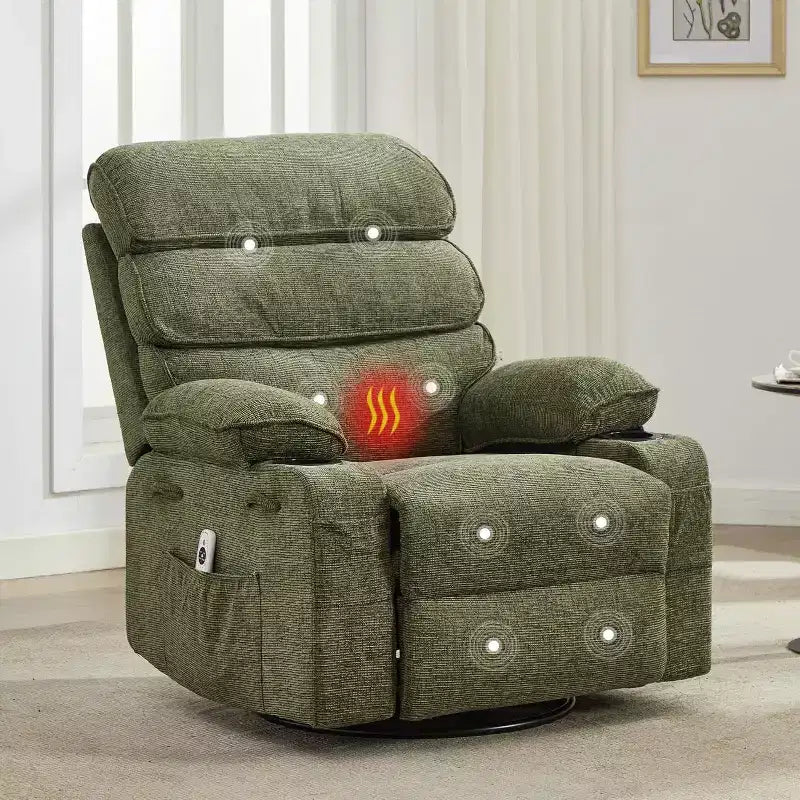 Swivel Massage Rocker Recliner with Heat and Footrest, Linen Glider Chair for Adults with Side Pocket and 2 Cup Holders