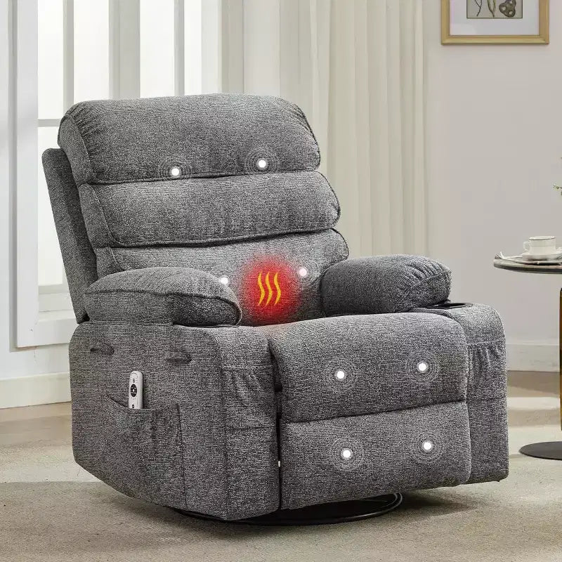 Swivel Massage Rocker Recliner with Heat and Footrest, Linen Glider Chair for Adults with Side Pocket and 2 Cup Holders