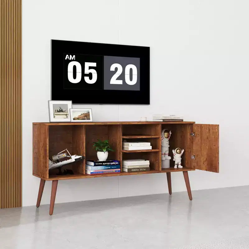 TV Stand Console Table With 1 Storage Cabinet and 3 Open Shelves for Living Room