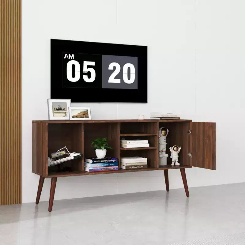 TV Stand Console Table With 1 Storage Cabinet and 3 Open Shelves for Living Room
