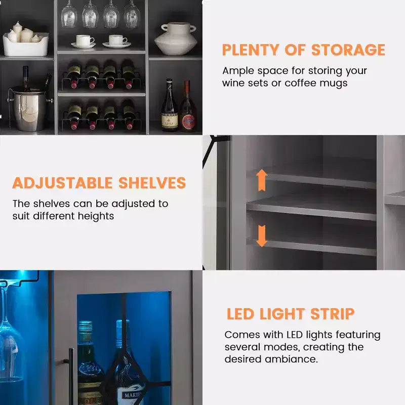 Wine Bar Cabinet with LED Lights, Liquor Cabinet with Glass & Bottle Rack, Coffee Bar Sideboard Buffet Storage for Dining Room
