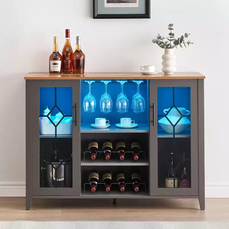 Wine Bar Cabinet with LED Lights, Liquor Cabinet with Glass & Bottle Rack, Coffee Bar Sideboard Buffet Storage for Dining Room