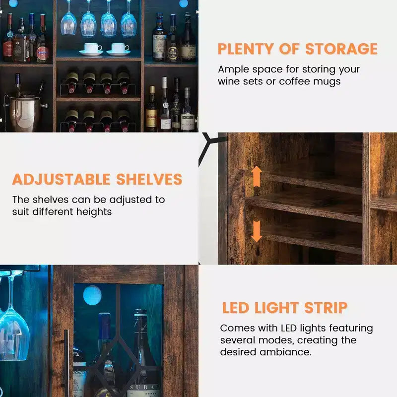 Wine Bar Cabinet with LED Lights, Liquor Cabinet with Glass & Bottle Rack, Coffee Bar Sideboard Buffet Storage for Dining Room