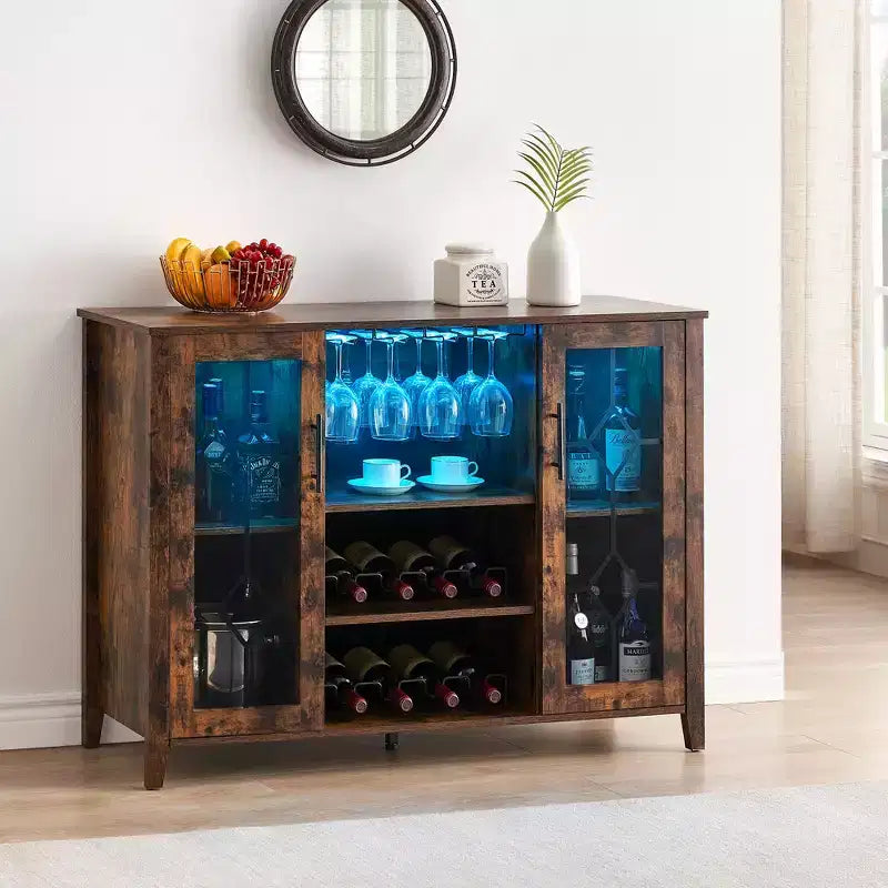 Wine Bar Cabinet with LED Lights, Liquor Cabinet with Glass & Bottle Rack, Coffee Bar Sideboard Buffet Storage for Dining Room