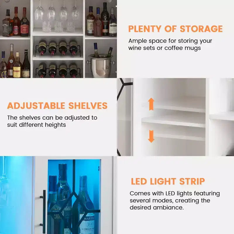 Wine Bar Cabinet with LED Lights, Liquor Cabinet with Glass & Bottle Rack, Coffee Bar Sideboard Buffet Storage for Dining Room