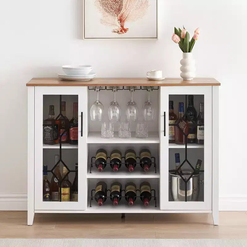 Wine Bar Cabinet with LED Lights, Liquor Cabinet with Glass & Bottle Rack, Coffee Bar Sideboard Buffet Storage for Dining Room
