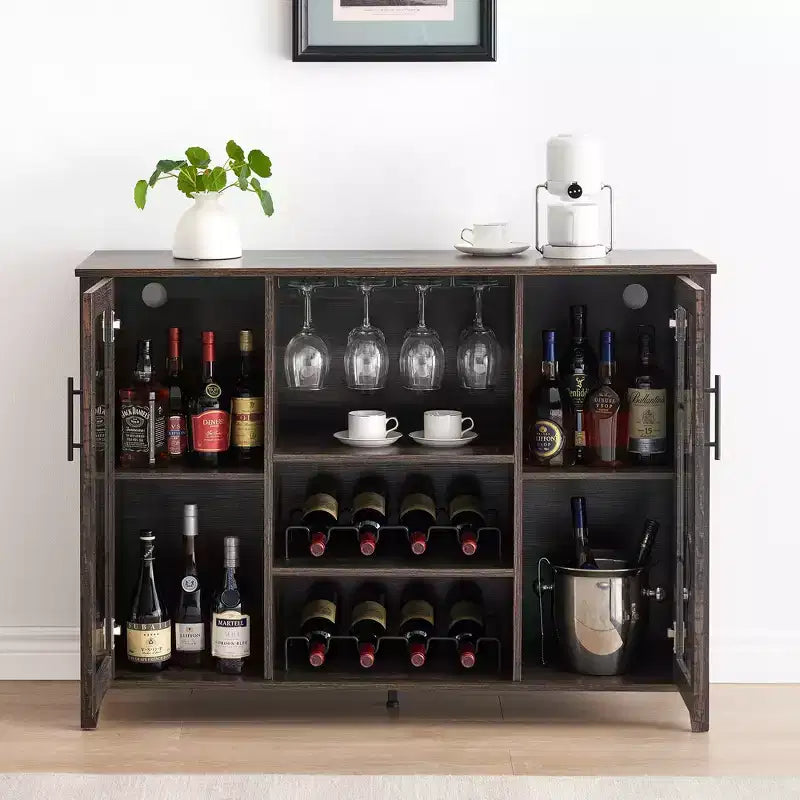 Wine Bar Cabinet with LED Lights, Liquor Cabinet with Glass & Bottle Rack, Coffee Bar Sideboard Buffet Storage for Dining Room