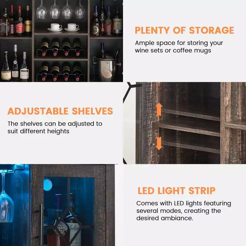Wine Bar Cabinet with LED Lights, Liquor Cabinet with Glass & Bottle Rack, Coffee Bar Sideboard Buffet Storage for Dining Room