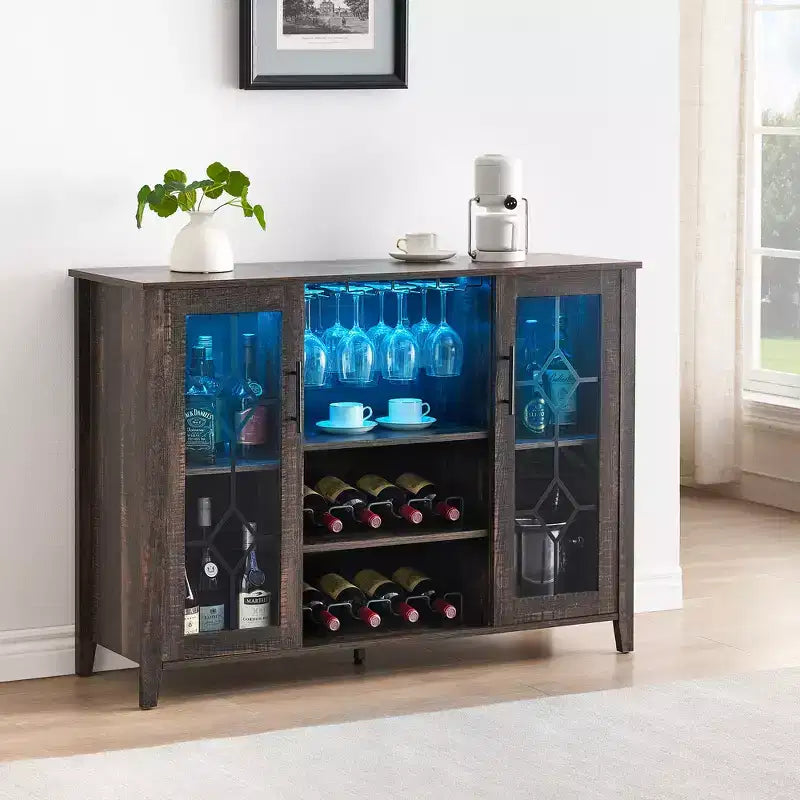 Wine Bar Cabinet with LED Lights, Liquor Cabinet with Glass & Bottle Rack, Coffee Bar Sideboard Buffet Storage for Dining Room