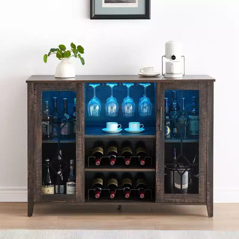 Wine Bar Cabinet with LED Lights, Liquor Cabinet with Glass & Bottle Rack, Coffee Bar Sideboard Buffet Storage for Dining Room