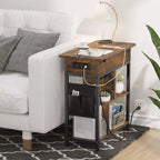 COZONY Charging End Table with USB Outlets, Flip Top Storage Shelf and Bag, Narrow Nightstand for Bedroom Small Spaces