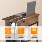 Table d'appoint de chargement avec prises USB, rangement à plateau relevable, table de chevet étroite pour petites chambres