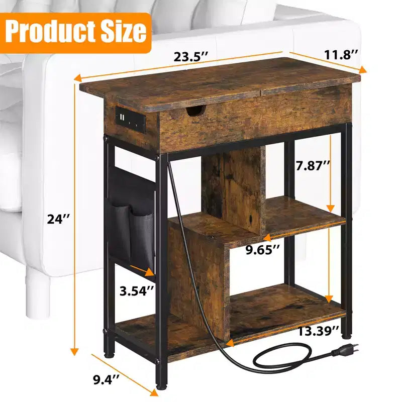 Charging End Table with USB Outlets, Flip Top Storage, Narrow Nightstand for Bedroom Small Spaces